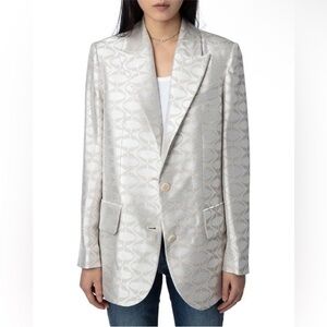NWT Zadig & Voltaire Vicka Wings Logo Jacquard Ivory Cream Metallic Sheen Blazer